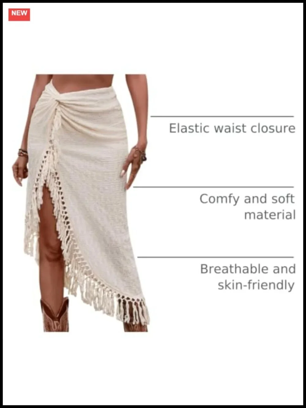 Fringe Tassel Midi Skirt Twist Front High Slit Asymmetrical Boho